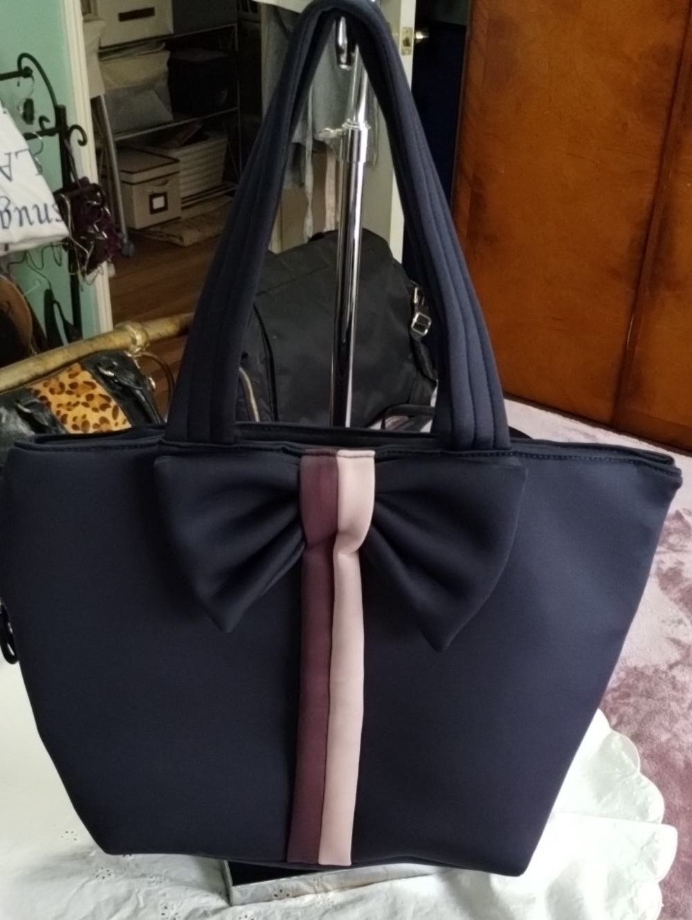 Stella And Dot Navy Tote Bag with Bow and Pink Accent